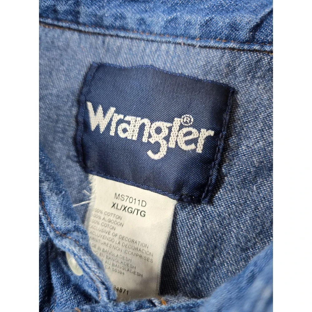 Wrangler Denim Western Shirt Mens XL Blue Jean Cotton Pearl Snap Raw Hem